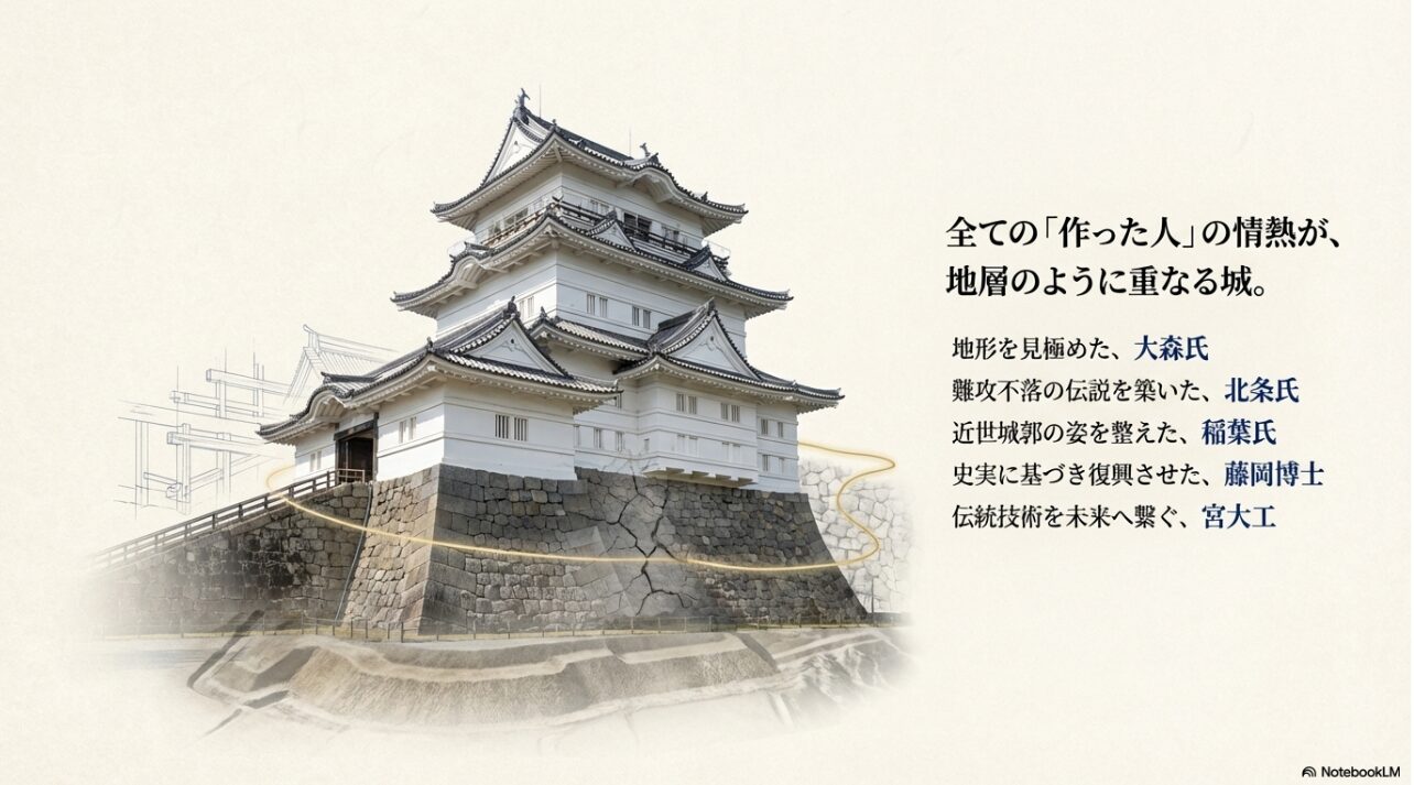 復元された天守閣のイラストを背景に、大森氏、北条氏、稲葉氏、藤岡博士、宮大工といった歴代の「作った人」たちの名前が地層のように重なっているイメージ図。