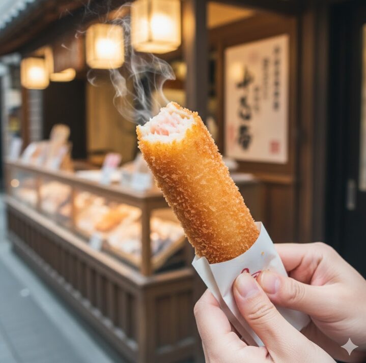 揚げたて熱々の「小田原ロール」を持つ日本人の手のクローズアップ。サクッとしたパンとすり身の食感を想像させる。