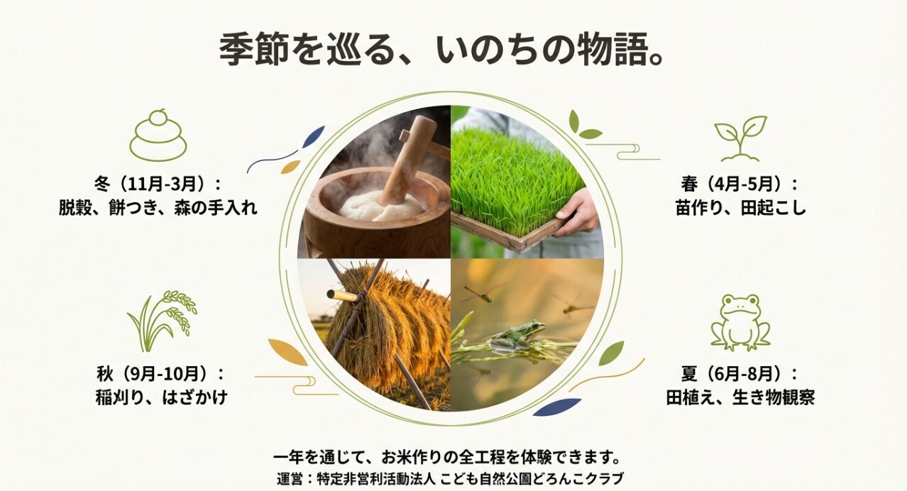 教育水田でのお米作りの全工程。春の苗作り、夏の田植え、秋の稲刈り、冬の餅つきなど季節ごとの活動内容 。