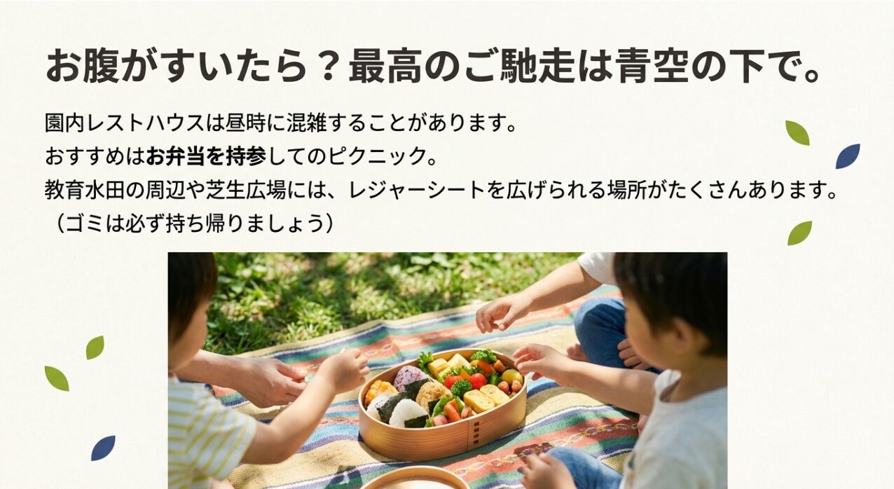 教育水田周辺や芝生広場でお弁当を広げるピクニックのイメージ。レストハウス混雑時の対策 。