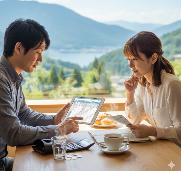 日本人が電卓を使って旅行の費用を計算し、損益分岐点を検討している様子。箱根フリーパスの料金改定後の分析を示す。
