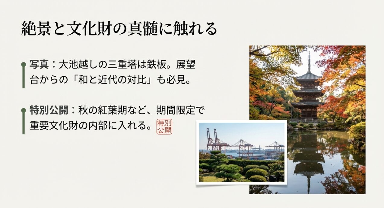 日本庭園の緑と、その向こうに見える本牧埠頭のガントリークレーンといった「和と近代」が対比する展望台からの景色