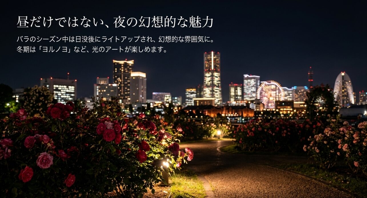 日没後のライトアップや冬季イベント「ヨルノヨ」など、夜の山下公園の幻想的な魅力の紹介