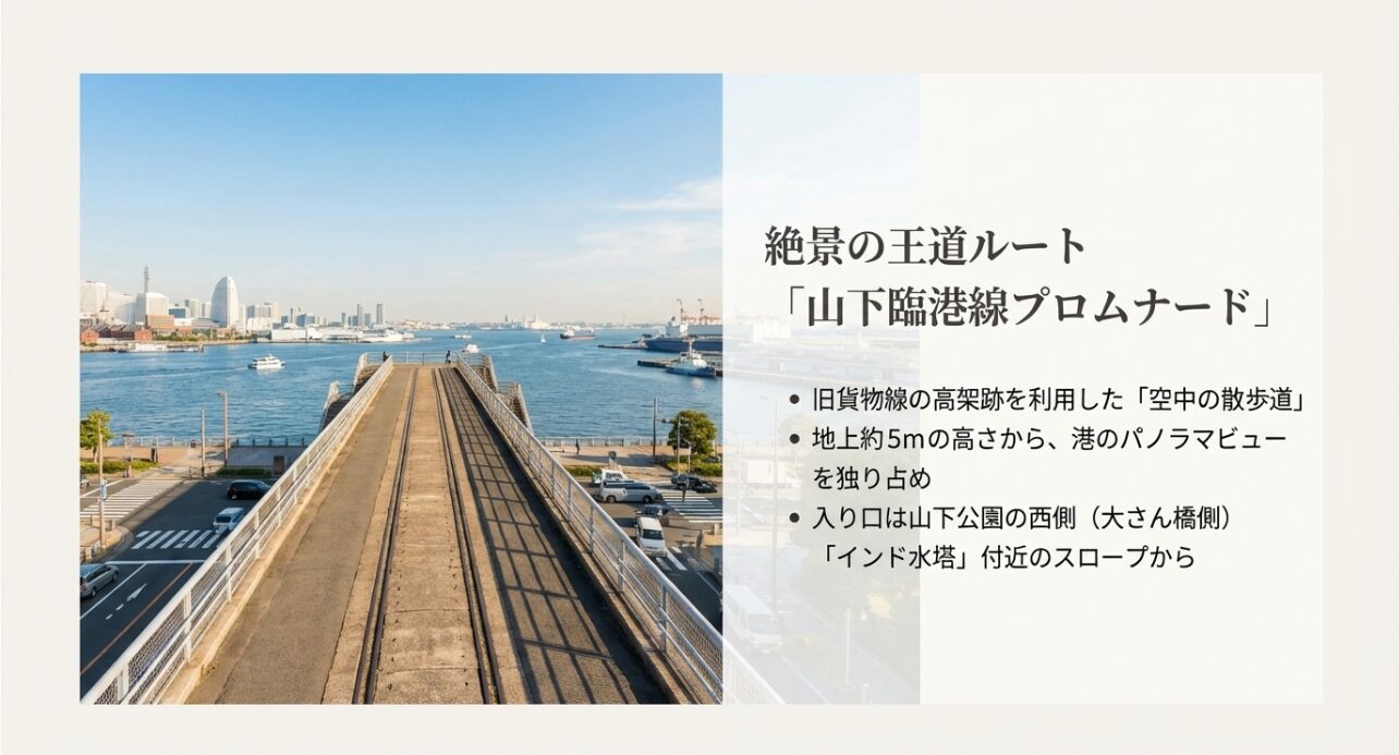旧貨物線の高架跡を利用した「空中の散歩道」山下臨港線プロムナードからのパノラマビュー