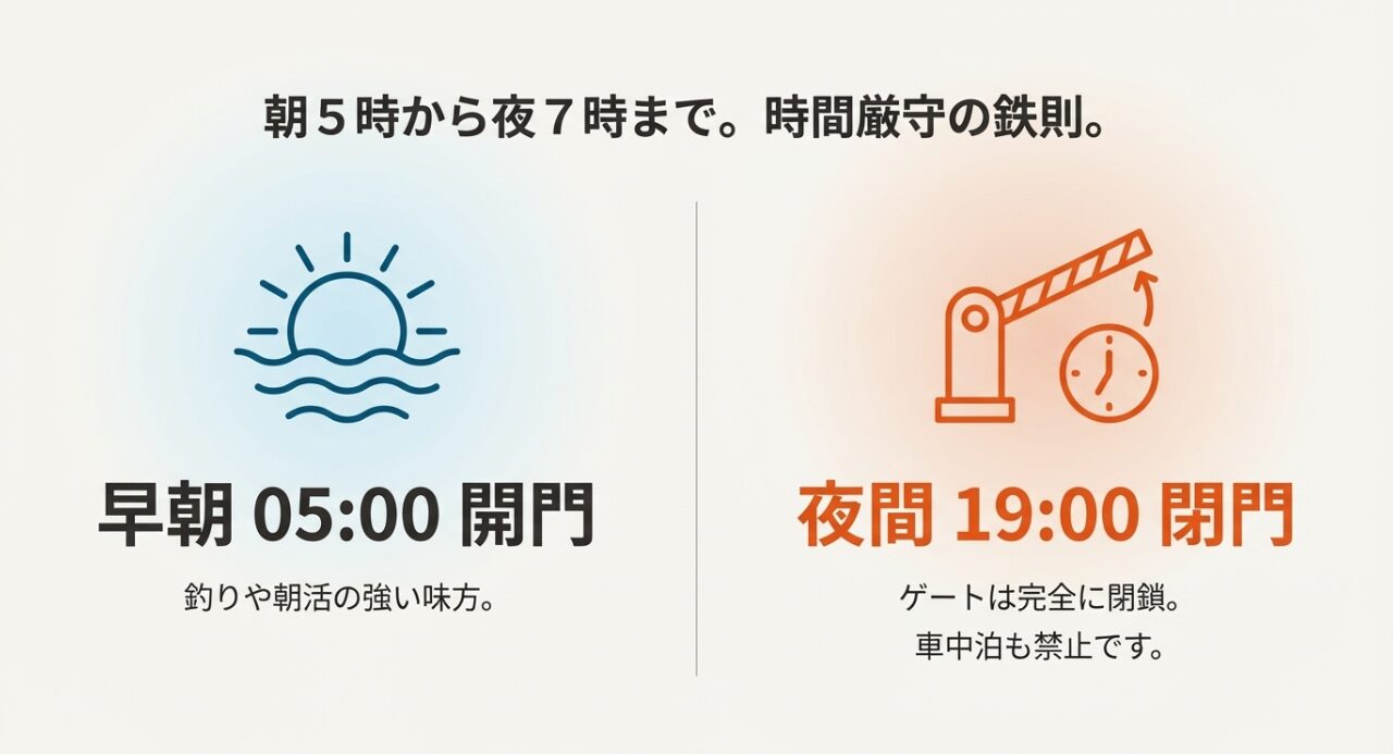 早朝5時開門、夜19時閉門の案内。ゲートが完全閉鎖されることと車中泊禁止の注意書き。