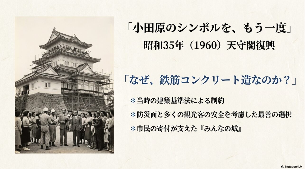 昭和35年、鉄筋コンクリートで再建中の天守閣を足場越しに見上げる人々の当時のモノクロ写真。