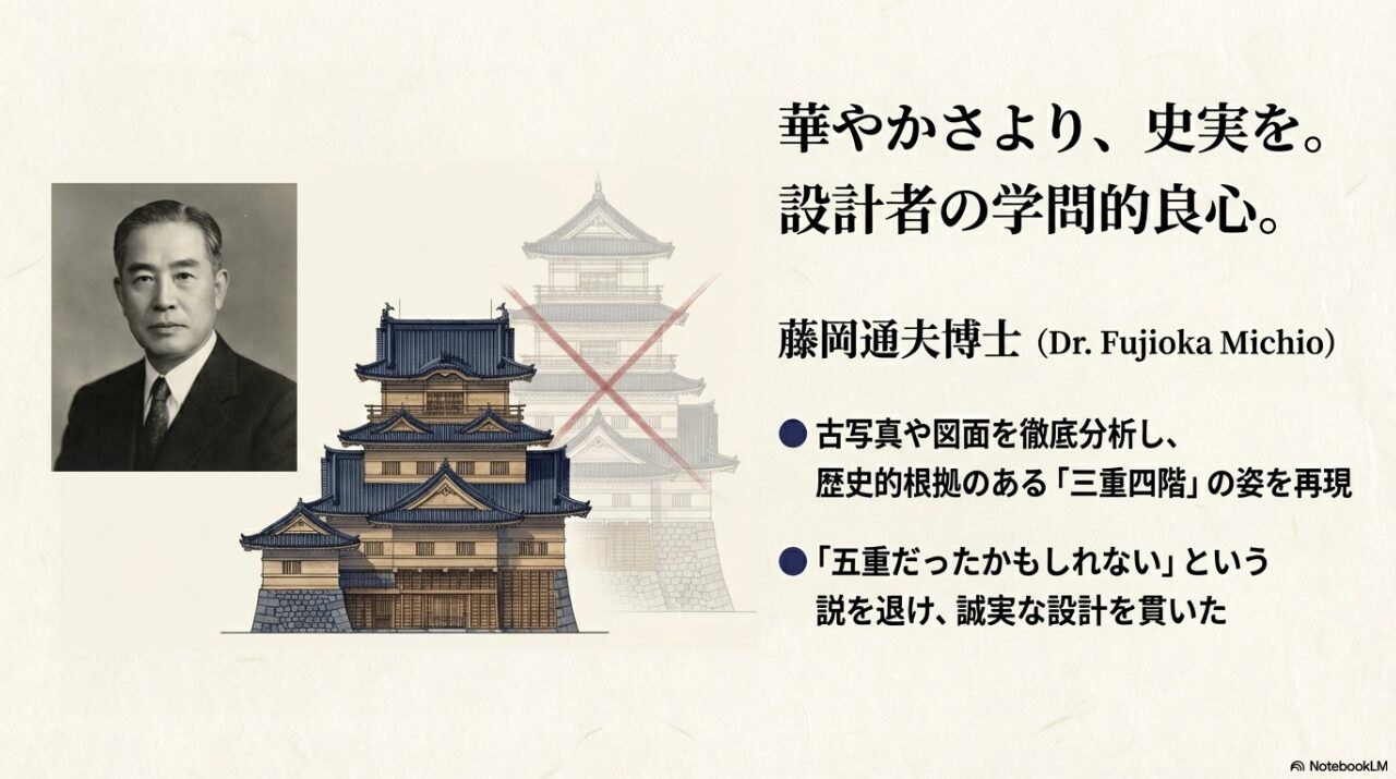昭和の天守閣復興を設計した藤岡通夫博士の写真。史実に基づいた設計を貫いた功績を紹介している。