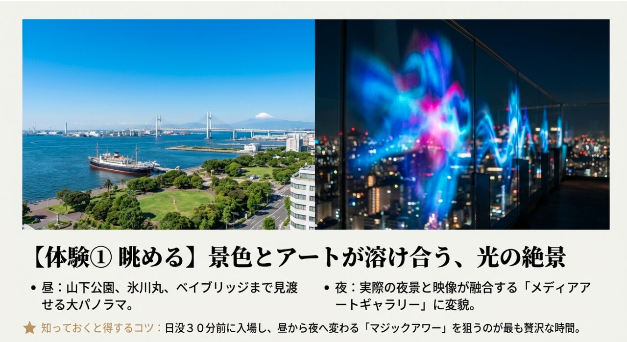 昼の山下公園・ベイブリッジの眺望と、夜の展望窓に映し出されるメディアアートの比較画像。