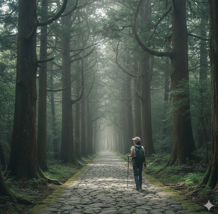 昼間でも薄暗い、樹齢数百年の杉並木に覆われた箱根旧街道の石畳。