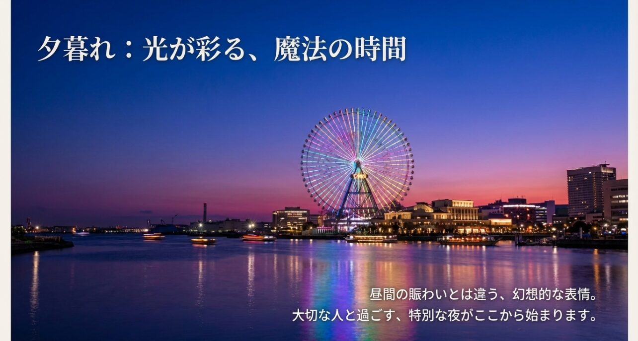 昼間の賑わいとは異なる、幻想的な表情を見せる夕暮れから夜にかけての横浜の風景。大切な人と過ごす特別な時間のイメージ。