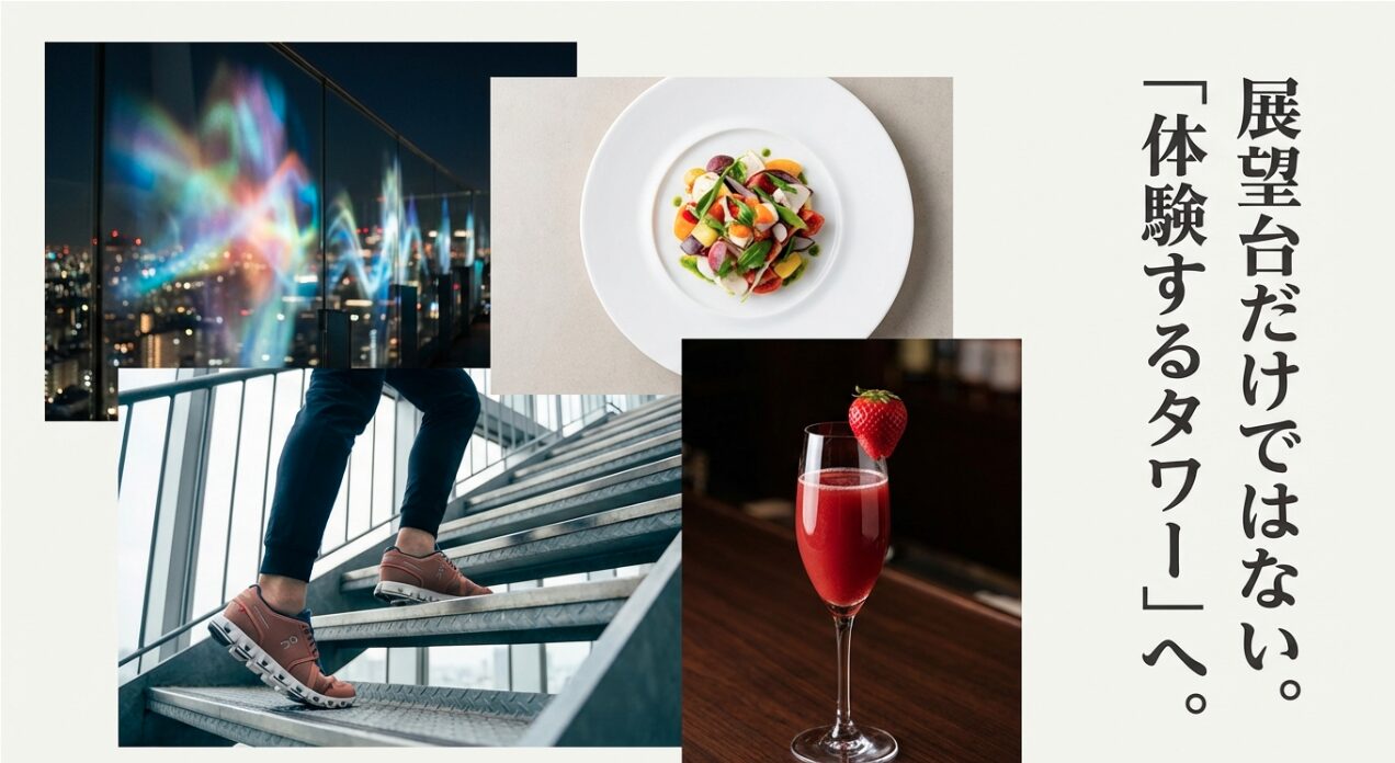 景色、グルメ、階段昇り、カクテルなどの写真をコラージュし、「展望台だけではない。体験するタワーへ」というキャッチコピーを添えたスライド