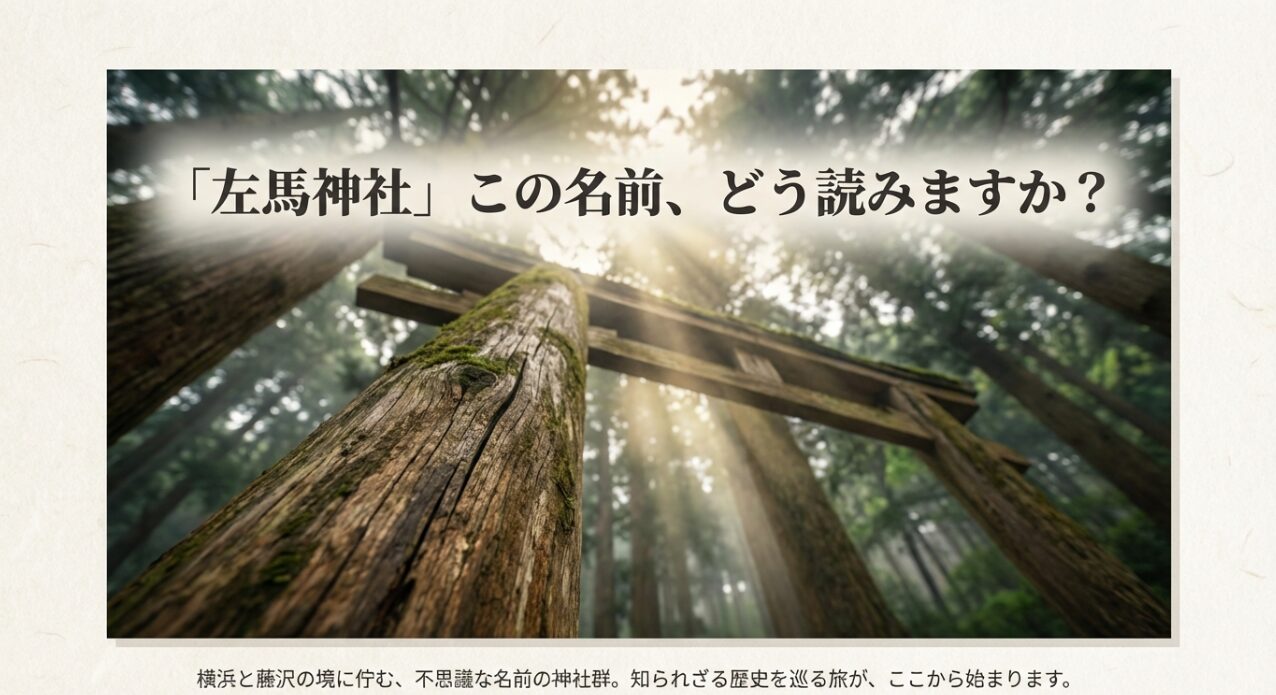 木漏れ日が差し込む神社の鳥居と「左馬神社、この名前どう読みますか？」という問いかけのスライド