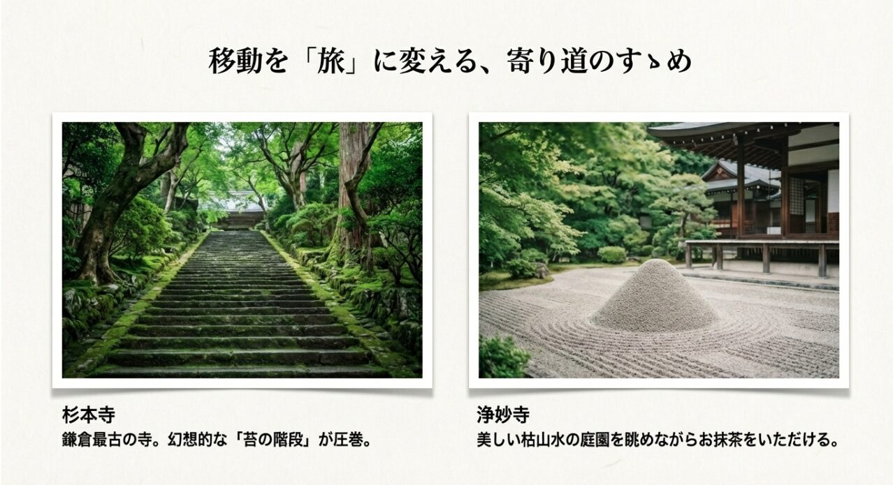 杉本寺の苔の階段と浄妙寺の枯山水庭園の写真。寄り道のすすめ。