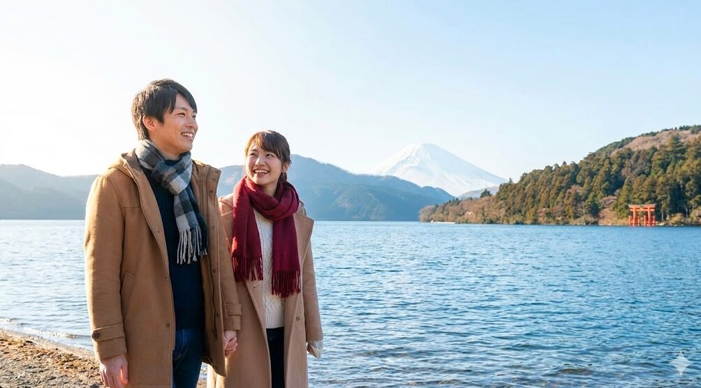 標高の高い芦ノ湖畔でコートやマフラーを着用し寒さ対策をして観光を楽しむ日本人カップル