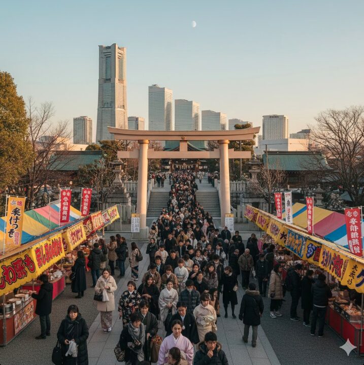 横浜の伊勢山皇大神宮の賑わう境内と、背景に広がるみなとみらいのビル群の景色