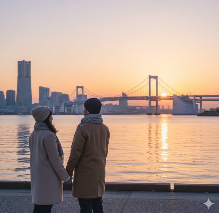 横浜みなとみらいの海辺で、厚着をした日本人夫婦がベイブリッジのシルエット越しに昇る初日の出を眺めている様子。