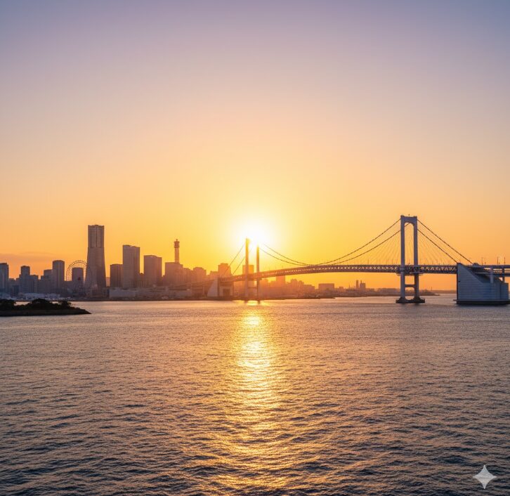 横浜ベイブリッジ越しに東南東（方位角118度）から昇る、力強い初日の出の瞬間。