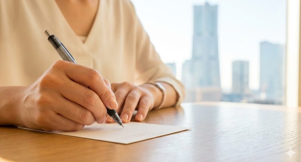 横浜ランドマークタワーの展望フロア抽選のため、往復ハガキに申し込み事項を記入する日本人女性の手元。