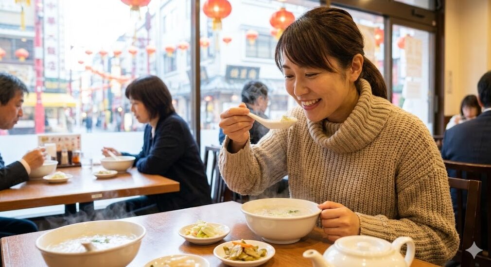 横浜中華街の早朝営業の店内で、冷えた体を温める熱々の中華粥（朝粥）を食べる日本人。
