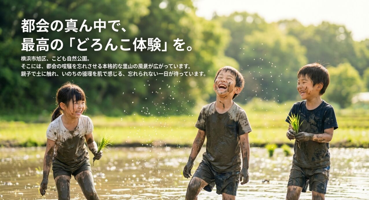 横浜市旭区のこども自然公園で体験できる「どろんこ体験」の紹介スライド。里山の風景の中で親子で土に触れる体験を提案 。