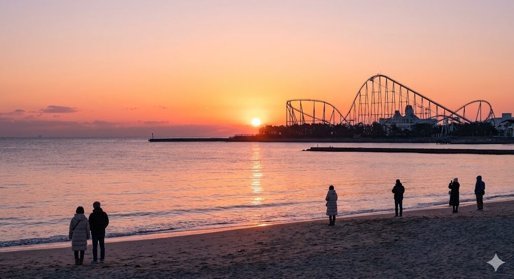 横浜金沢区にある海の公園の砂浜から、八景島シーパラダイスのシルエット越しに望む静かな初日の出。