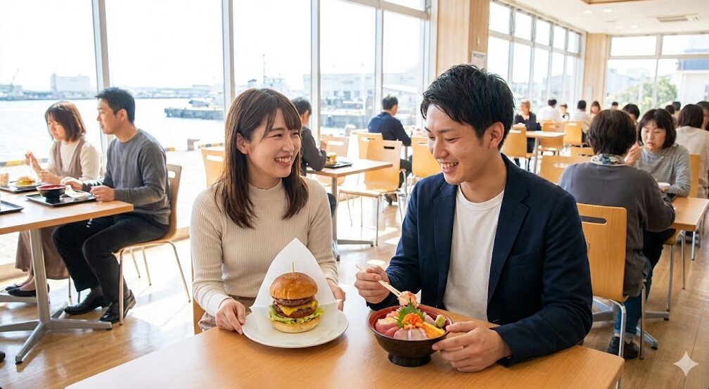 横須賀の「よこすかポートマーケット」のフードコートで、ネイビーバーガーや海鮮丼などのご当地グルメを楽しむ日本人カップル。