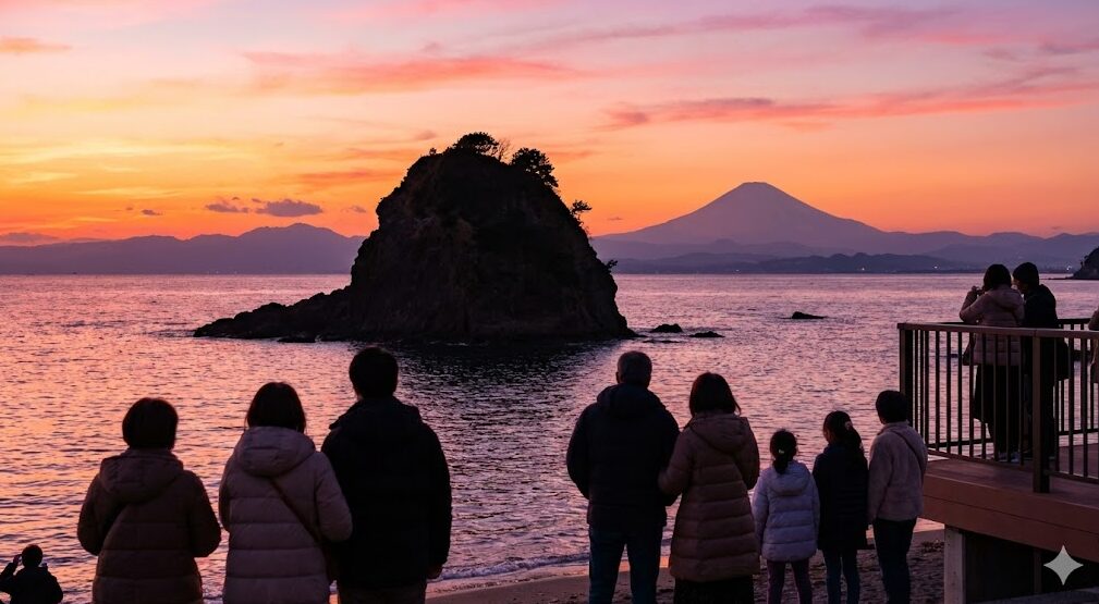 横須賀・立石公園から望む、夕暮れ時の立石と富士山のシルエット。絶景を見つめる人々の後ろ姿。