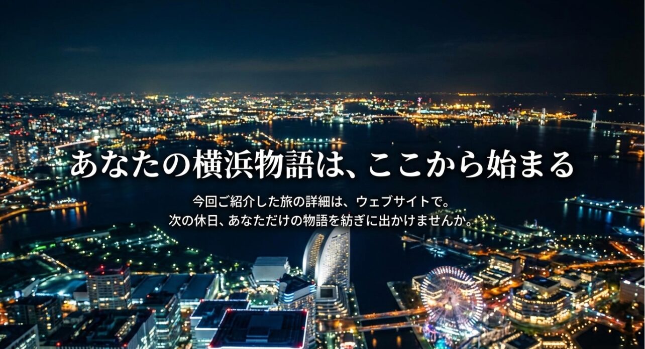 次の休日に自分だけの横浜の物語を紡ぐための詳細情報を、ウェブサイトで案内するメッセージスライド。