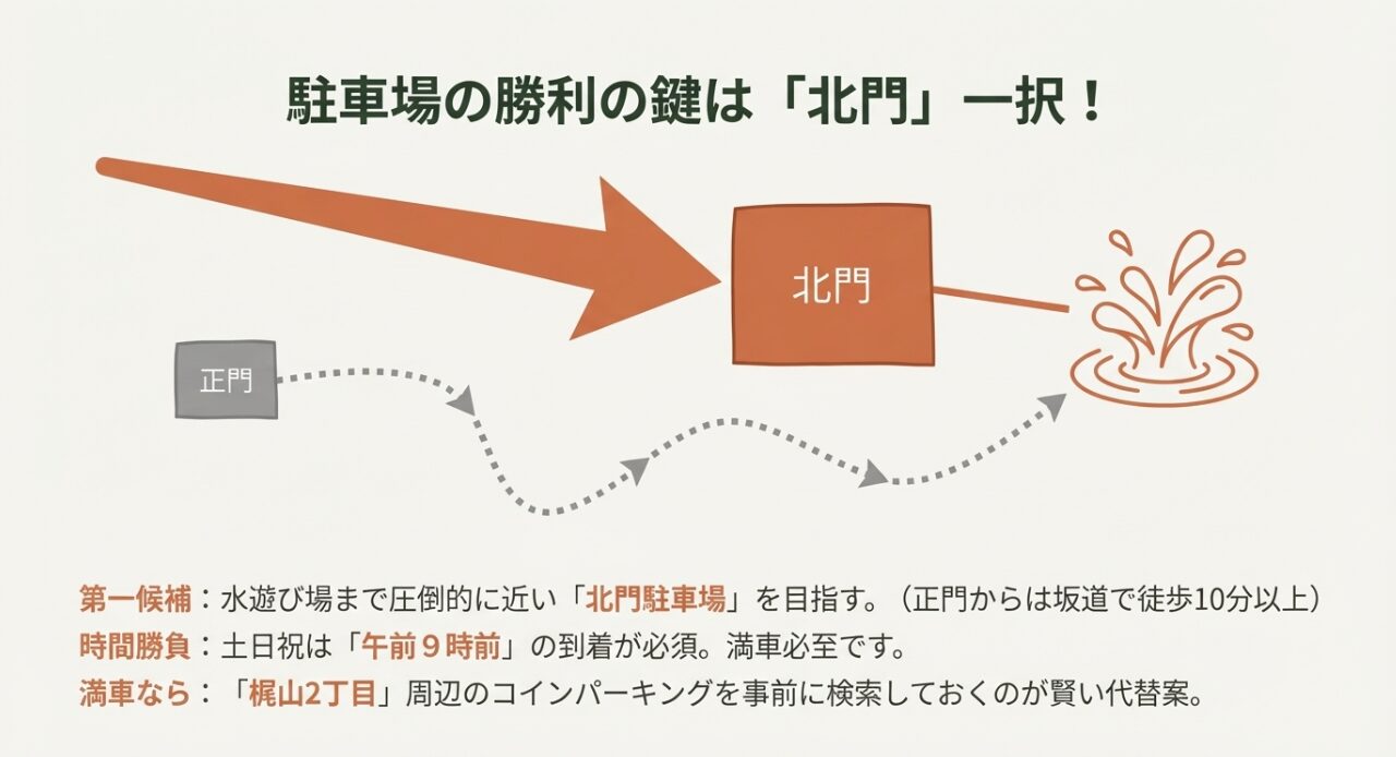 正門より水遊び場に近い北門駐車場へのルートと、午前9時前到着を推奨する案内図