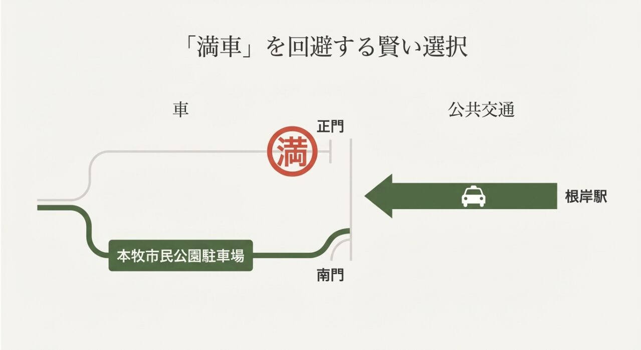 正門駐車場の満車を回避するため、根岸駅からの公共交通機関や本牧市民公園駐車場から南門を利用するルートを示す地図 。