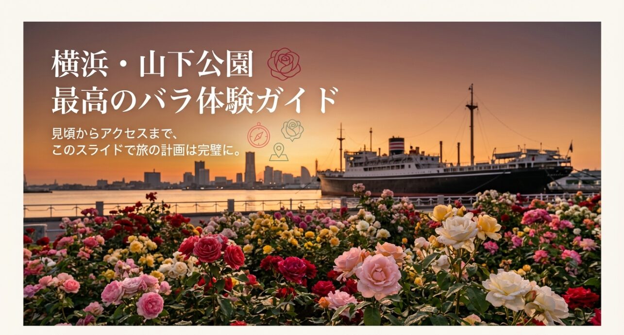 氷川丸とバラ園を背景にした、横浜山下公園の最高のバラ体験ガイドの表紙