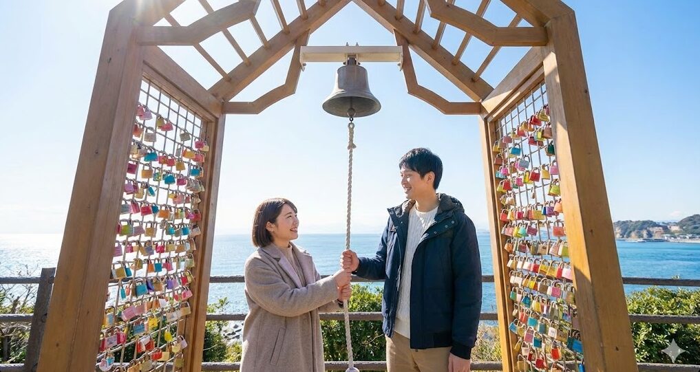 江の島にある「恋人の丘」の龍恋の鐘。良縁を願うカップル（日本人）に人気のパワースポットで、縁結びのご利益を象徴する風景。