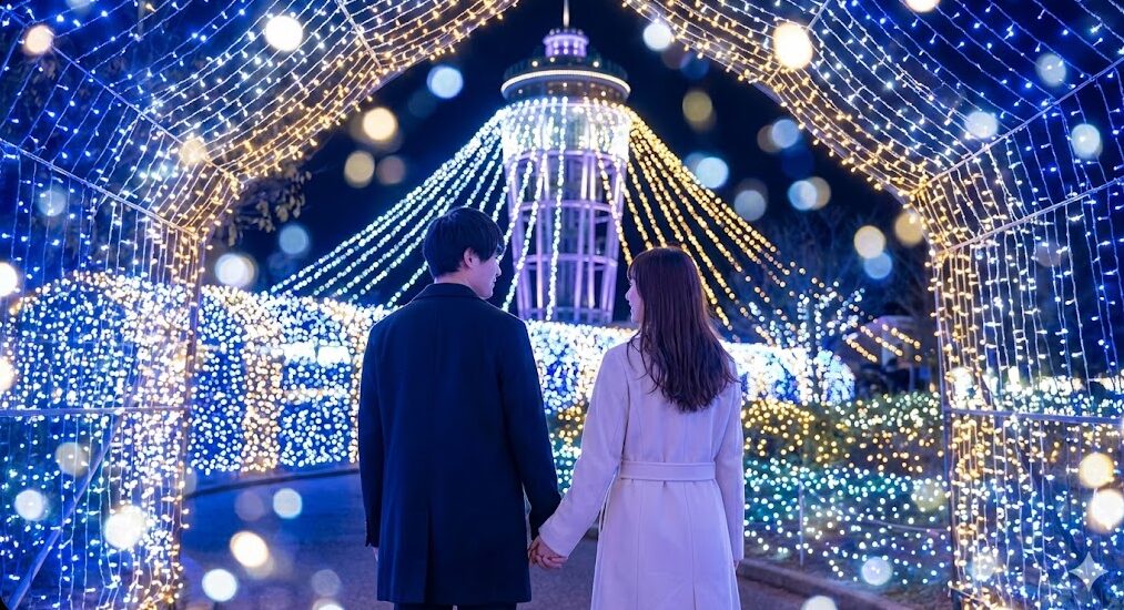 江の島シーキャンドル周辺で開催される湘南の宝石イルミネーション。幻想的な光の中でデートを楽しむ若い日本人カップルの後ろ姿。