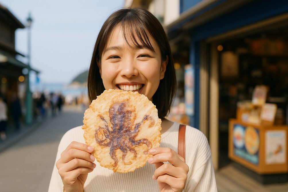 江ノ島のあさひ本店で、顔ほどの大きさの丸焼きたこせんべいを手に持っている日本人の女性。食べ歩きグルメの楽しさを伝える画像