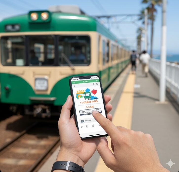 江ノ電のホームで1日乗車券「のりおりくん」のデジタルチケットを利用しようとしている手元。電車の旅の効率化を示す画像
