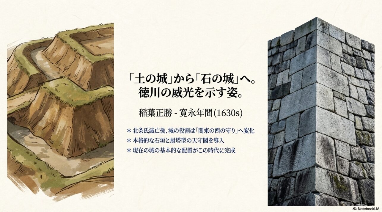 江戸時代、稲葉正勝によって築かれた堅牢な石垣の写真と、土の城から石の城へと作り変えられた経緯の解説。