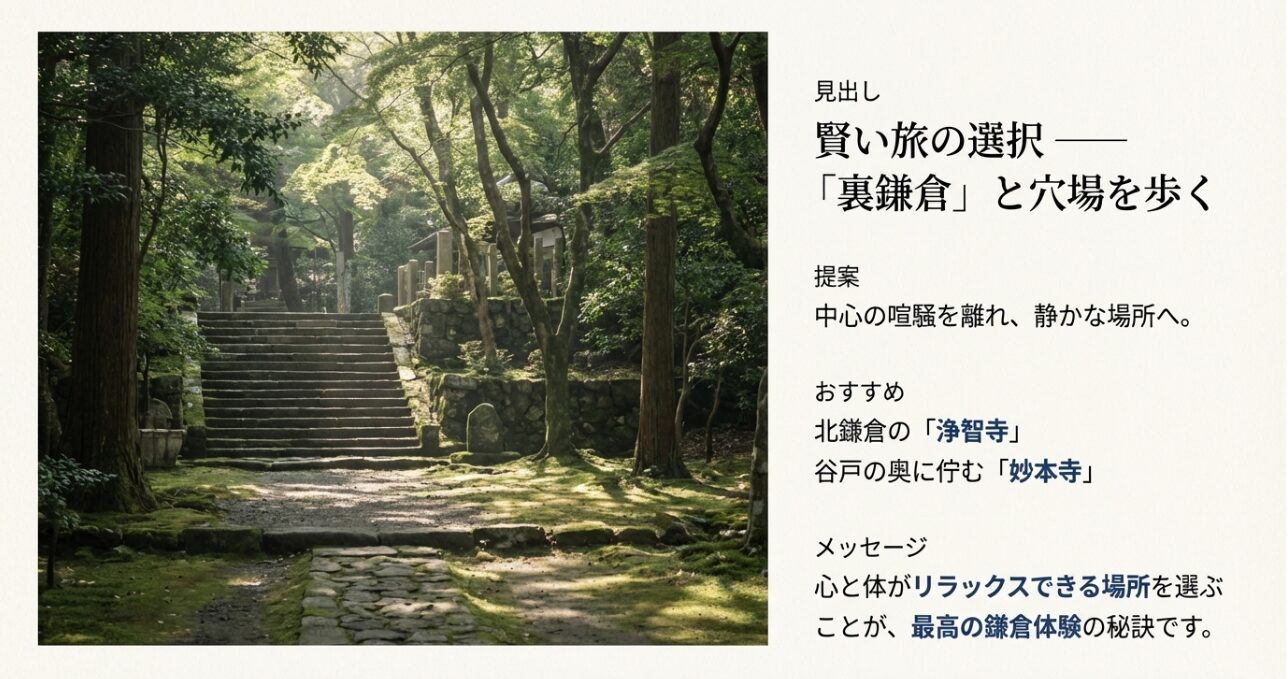 浄智寺や妙本寺など、喧騒を離れてリラックスできる裏鎌倉の静かな場所を提案するスライド