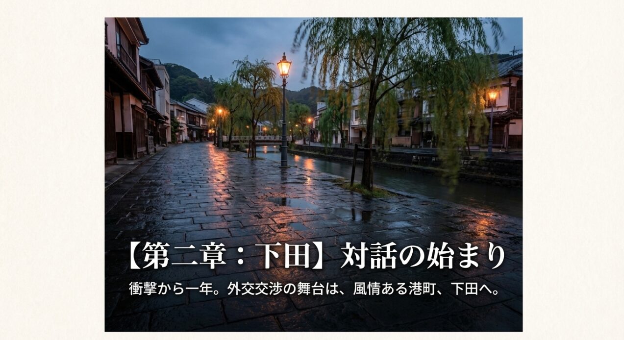 浦賀から一年後、外交の舞台が下田へと移ったことを示す「第二章：下田」の導入スライド