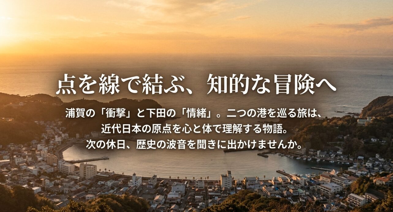 浦賀の衝撃と下田の情緒を線で結び、近代日本の原点を理解する物語としての旅を提案するまとめスライド