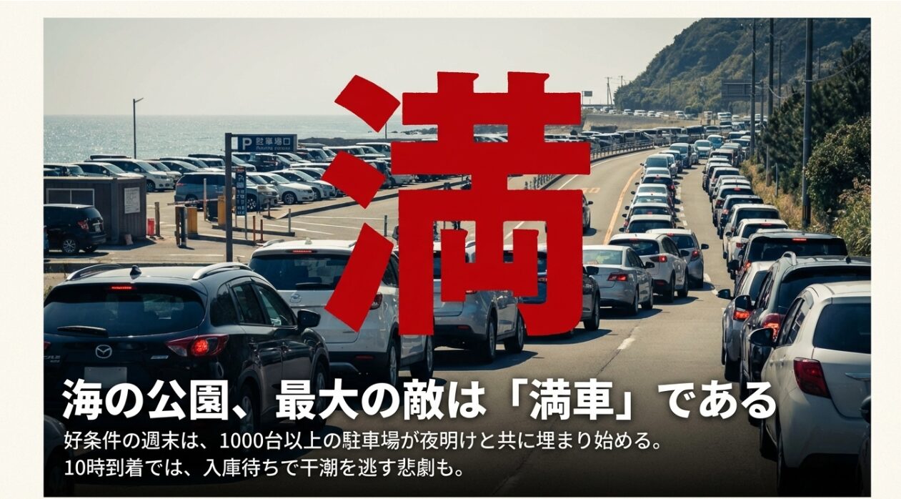 海の公園の駐車場が夜明けと共に埋まり始めること、10時到着では干潮を逃すリスクがあることを示す警告スライド。