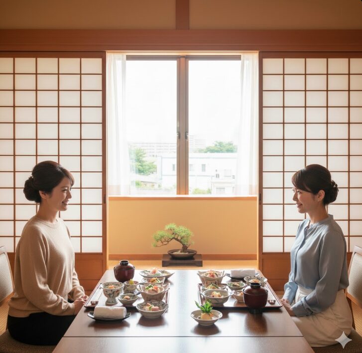 海老名で個室の和食ランチを楽しむ30代の日本人女性二人。静かで高級感のある空間でのんびり会話する様子。