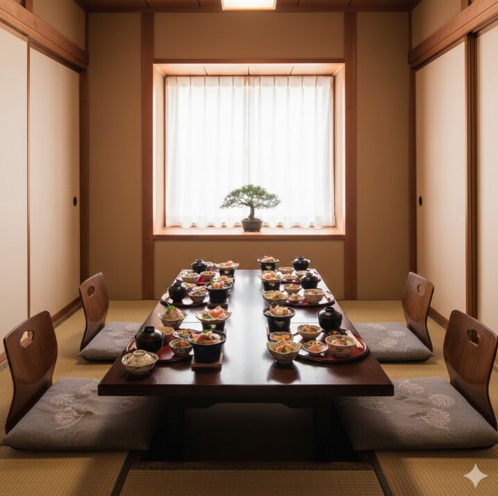 海老名にある和食店の、壁と扉で完全に仕切られた本格的な完全個室。会食や密談に最適な空間と御膳。