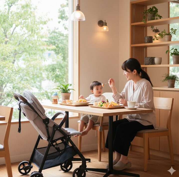 海老名のゆったりとしたカフェで、ベビーカーを横に置いて子供と一緒に安心してランチを楽しむ母親。