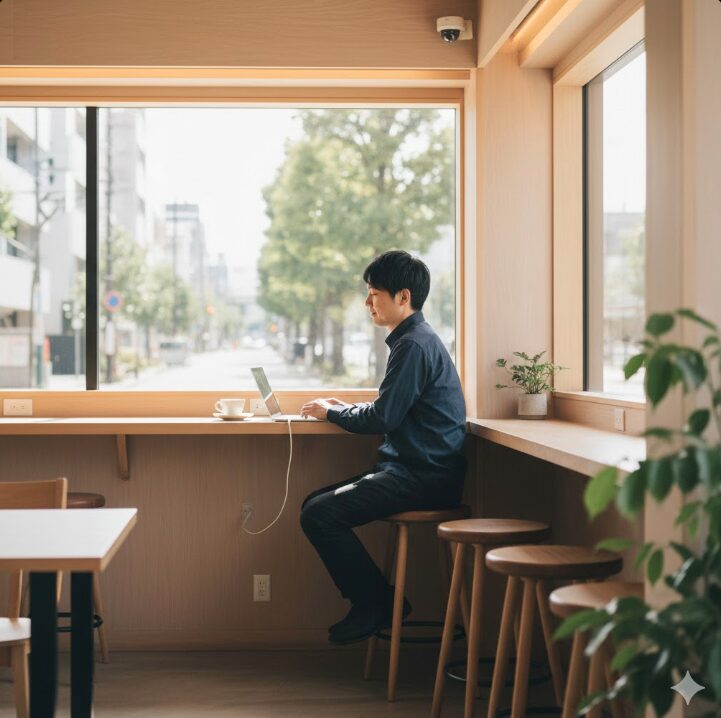 海老名のカフェで、窓際のカウンター席で電源を利用してパソコン作業をするおひとりさまの男性。長居できる落ち着いた環境。