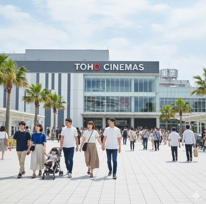 海老名駅直結のビナウォーク6番館の外観。映画館TOHOシネマズの看板が見え、ペデストリアンデッキで人々が行き交う様子。