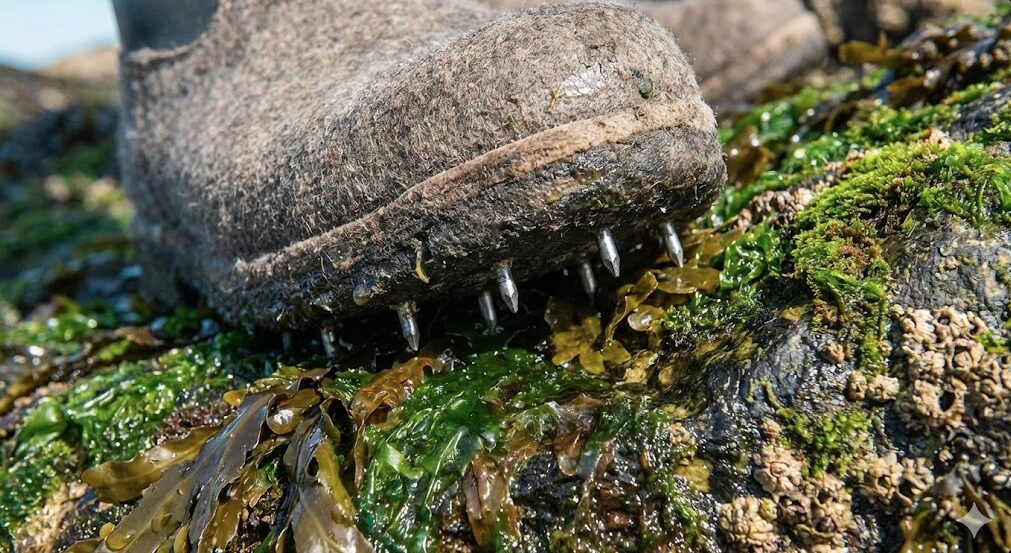 海藻や苔が付着して滑りやすい磯の岩場をしっかりと捉えている、金属ピン付きのスパイクシューズ（フェルトスパイクシューズ）の靴底の様子。