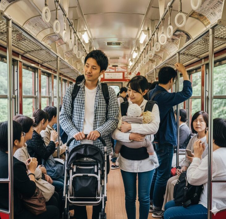 混雑した箱根登山電車の車内で、ベビーカーを折りたたみ、抱っこ紐で赤ちゃんを抱っこして移動する日本人夫婦の様子。