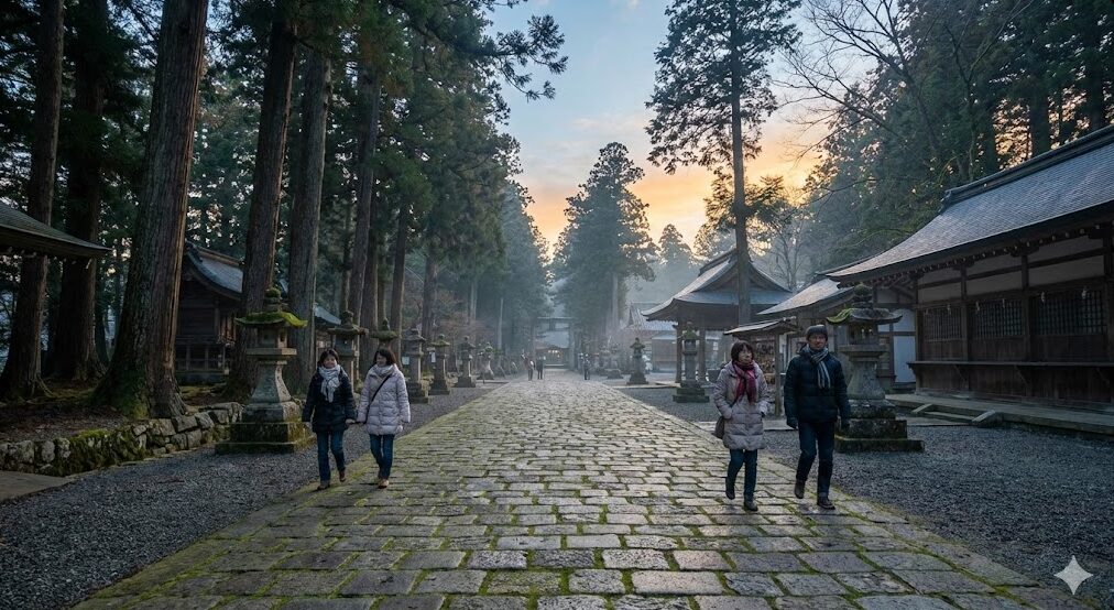 混雑を避けた早朝参拝の様子。日の出前の澄んだ空気の中、人気のない神社の参道を静かに歩く参拝客（日本人）の姿。