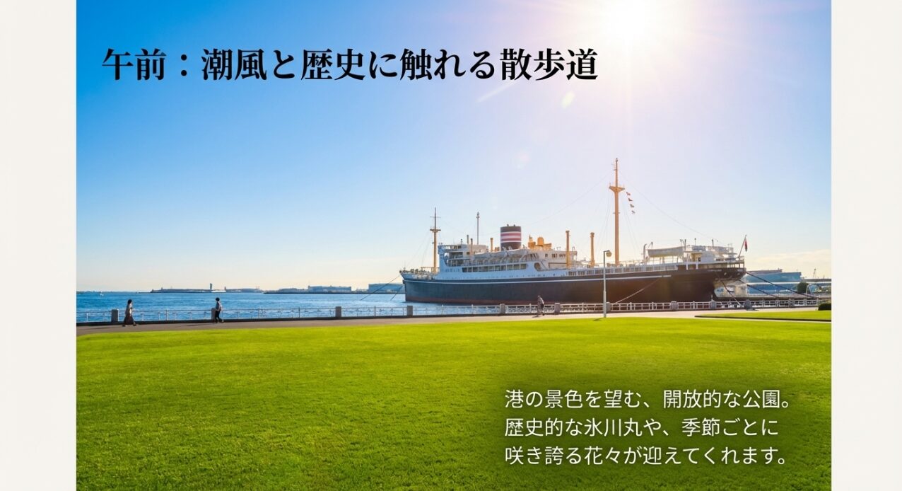 港の景色を望む開放的な山下公園の紹介。氷川丸や季節の花々が楽しめるスポットであることを説明。
