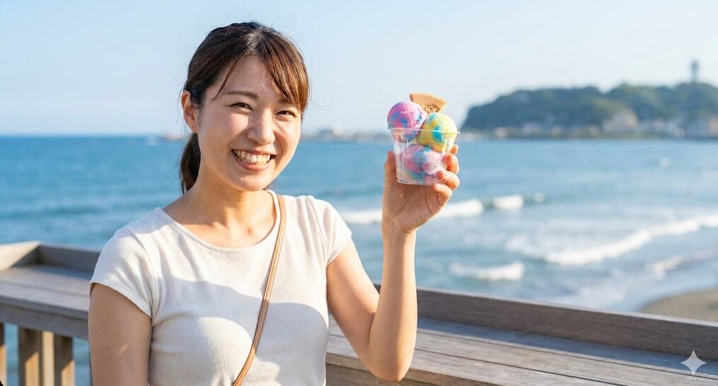 湘南の海を背景に、持ちやすいカップに入ったカラフルなアイスクリームを笑顔で持つ女性